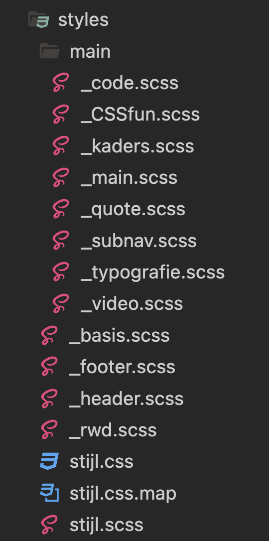 mapje styles bevat stijl.scss en dan aantal bestanden die allemaal beginnen met underscore